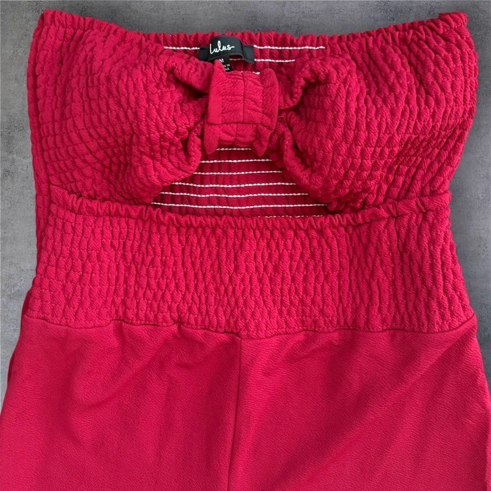 Lulus Red Strapless Wide Leg Jumpsuit Bow Front Palazzo Pants Medium - Picture 2 of 7